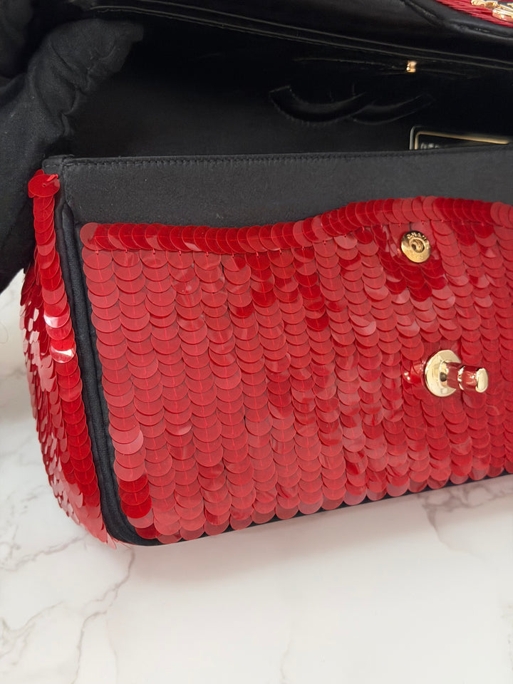 CHANEL series 13 2010 Red Sequin and Black Satin Paris-Shanghai Medium Flap Bag Gold Hardware