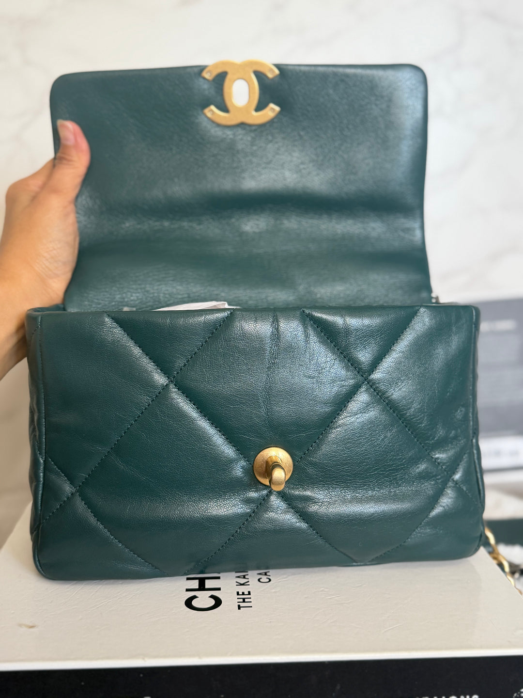 CHANEL 19 size SMALL in 20B Teal Dark Green Goat skin mixed hardware 2020