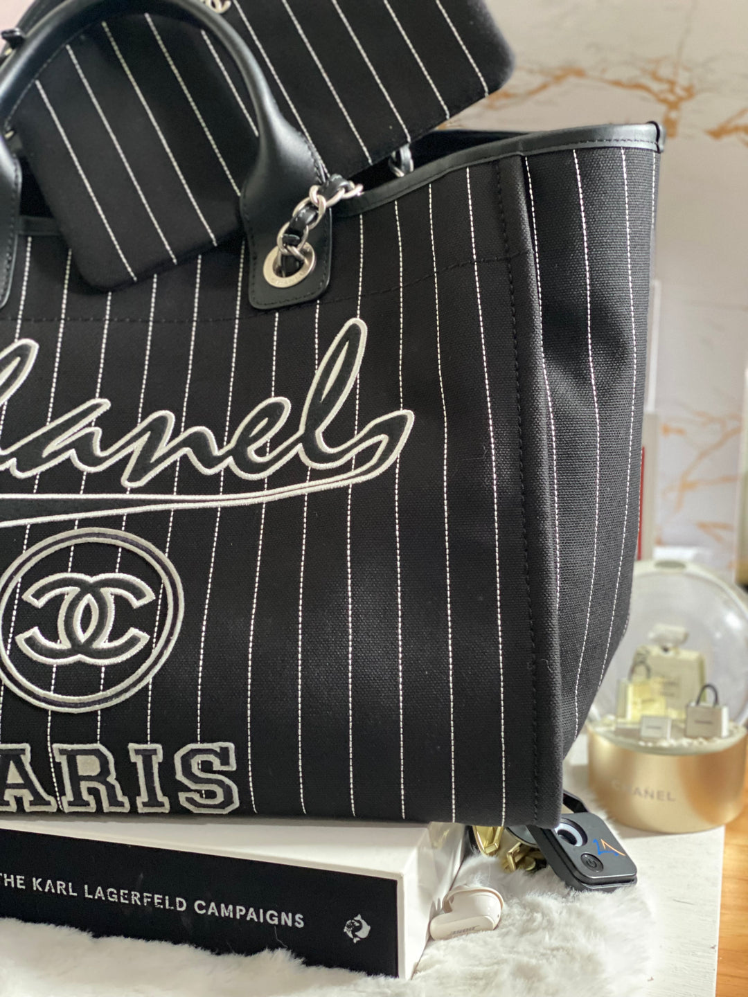 Chanel 23P 2023 collection in Black/White Stripe Canvas Deauville Tote with Top Handle and detachable pouch size Medium (15 inches)