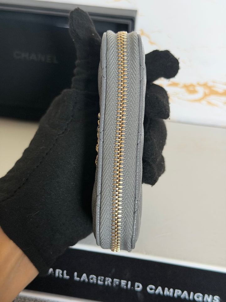 CHANEL 21K 2021 Grey Caviar Big Logo Zippy Coin Purse LGHW