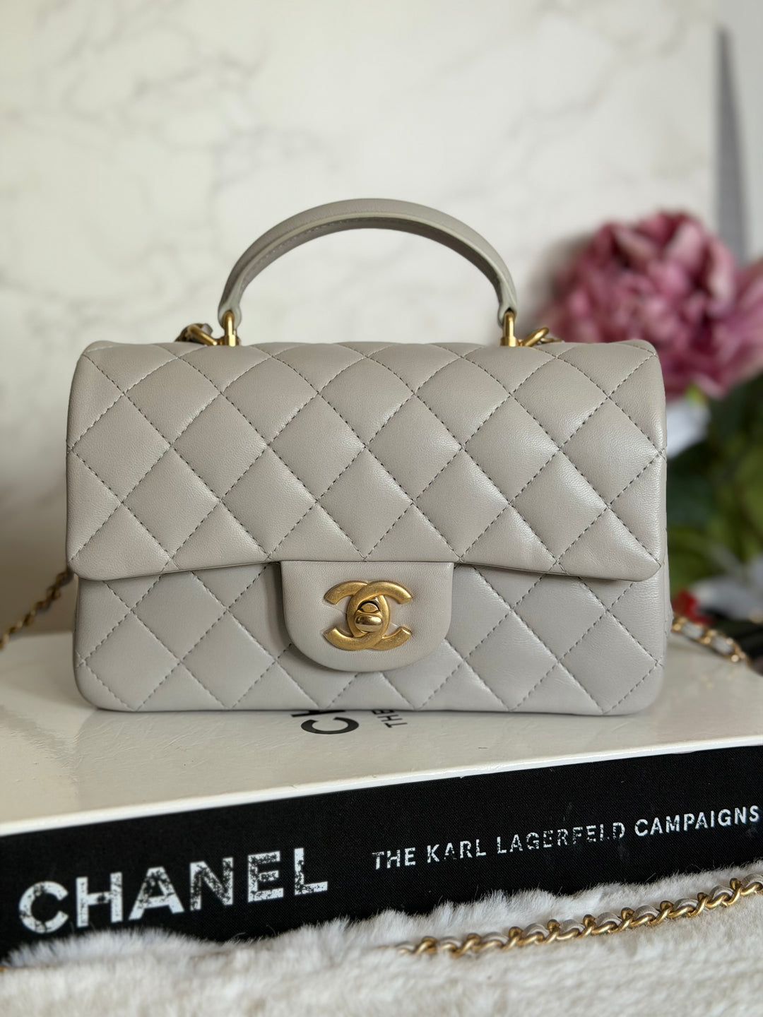CHANEL 21A Grey Lambskin Aged GHW Top Handle Mini Rectangular Flap Bag 2021