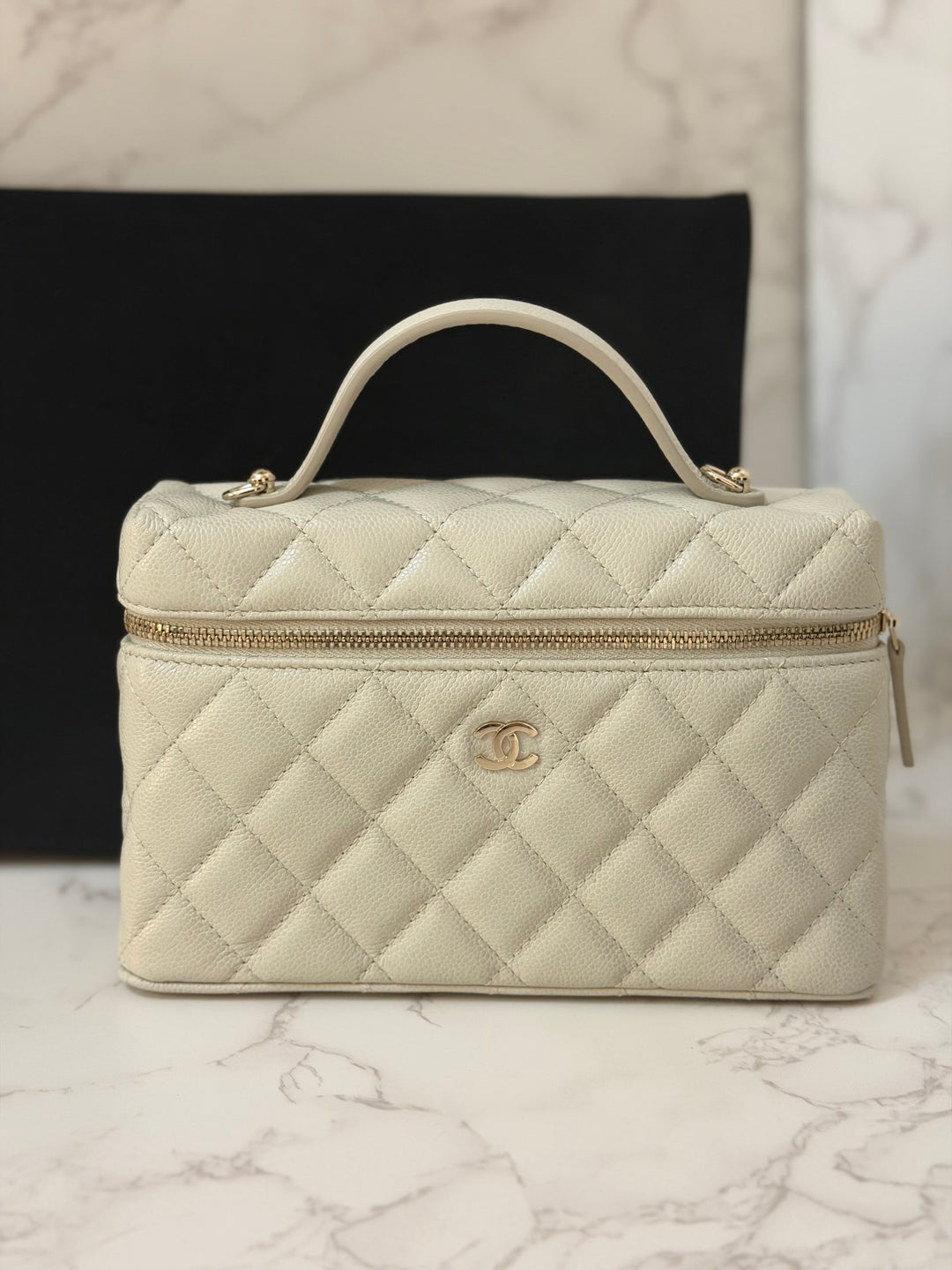 CHANEL 25B 2025 Light Grey Caviar LGHW Long Vanity Bag with Detachable Chain