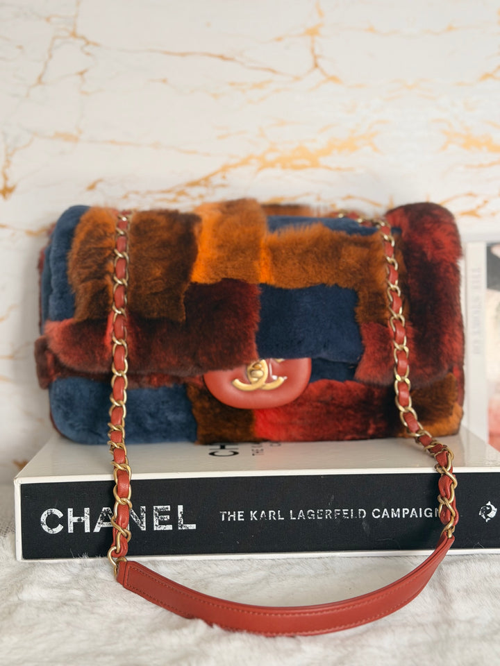 CHANEL series 28 Orylag Red Orange Navy Fur Flap Bag with GHW Medium Single Flap Bag 2018