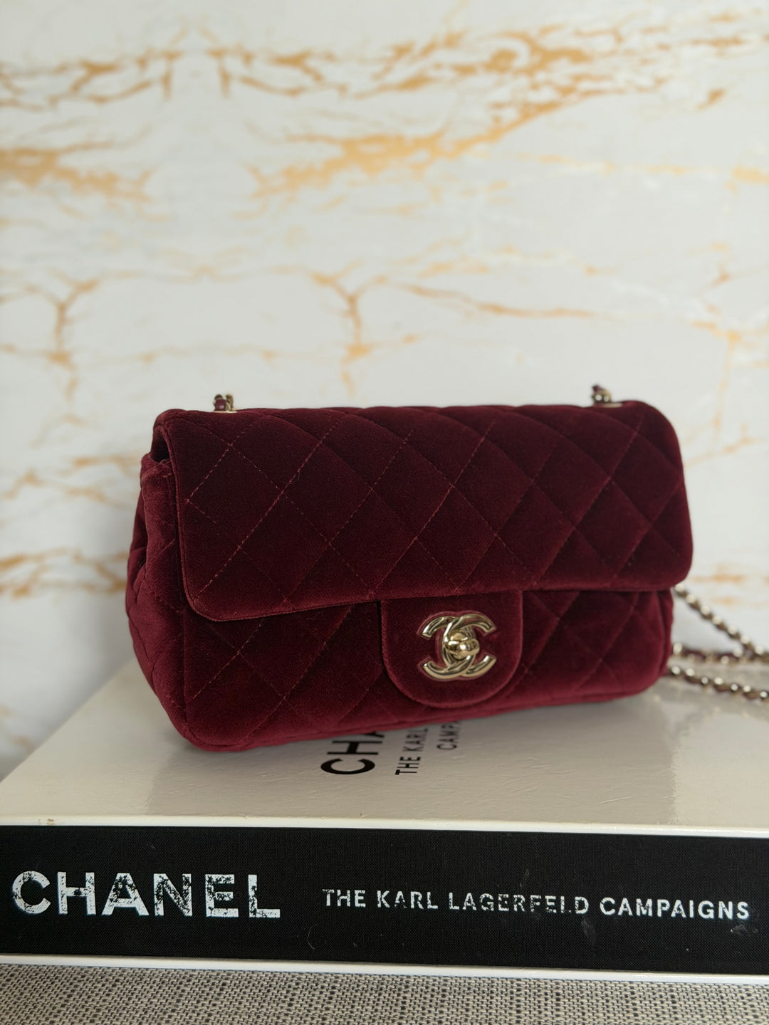 CHANEL series 31 Burgundy Dark Red Velvet Crystal Pearl Crush Adjustable Strap Mini Rectangular Flap Bag 2020/2021
