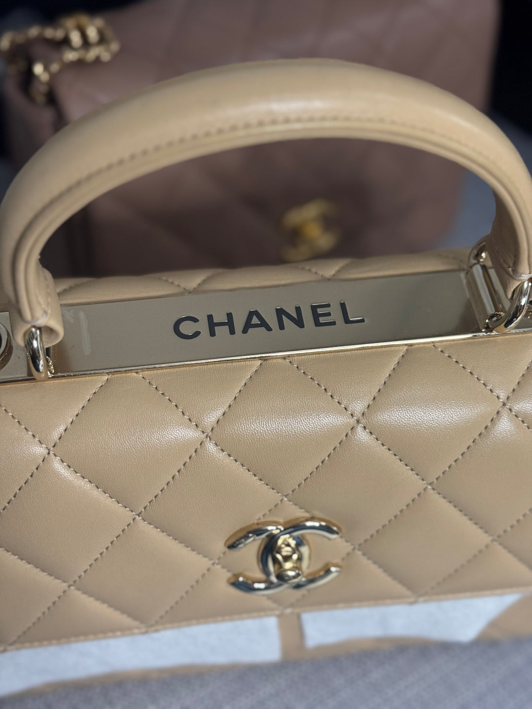Chanel series 26 2018 Beige Lambskin Trendy CC Flap Bag with Top Handle Size Small with Champagne GHW and detachable Shoulder strap