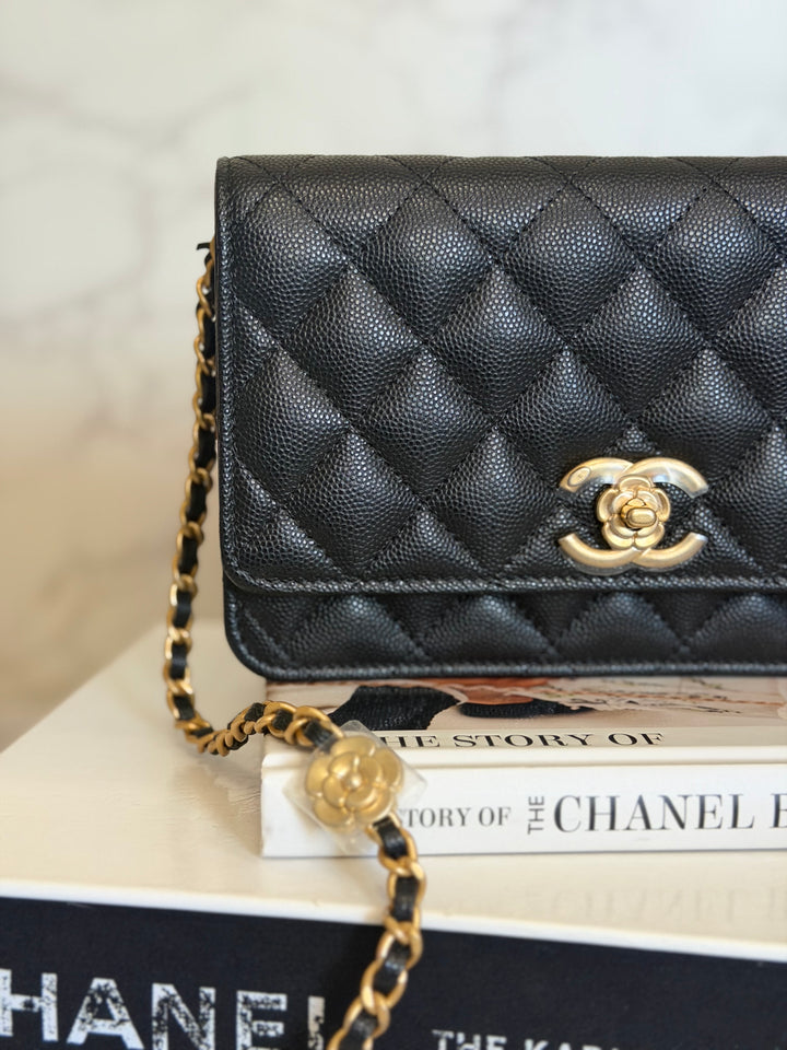 CHANEL Camellia Turnlock Black Lambskin Brushed GHW Classic Wallet on Chain (WOC) microchip 2023