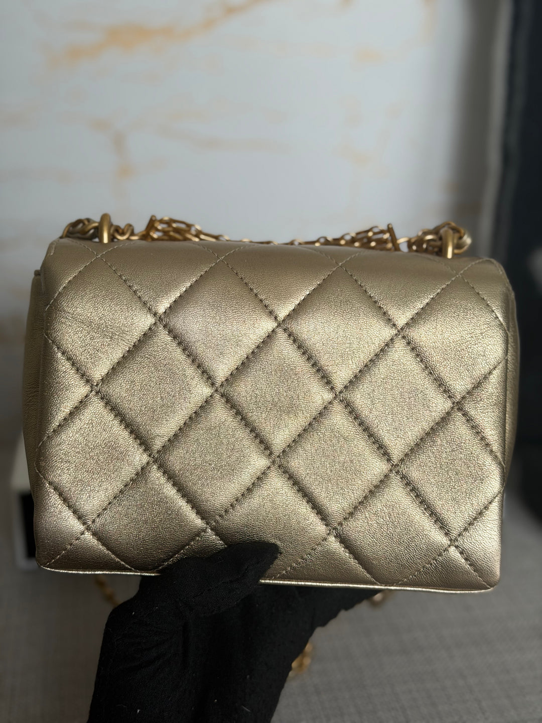 CHANEL Gold Metallic Lambskin CC Crystal Logo Chain Flap Bag 2022