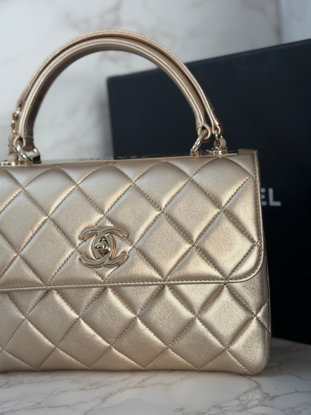 CHANEL series 30 Metallic Gold Lambskin LGHW Trendy CC top Handle Bag with non detachable Strap size SMALL 2020