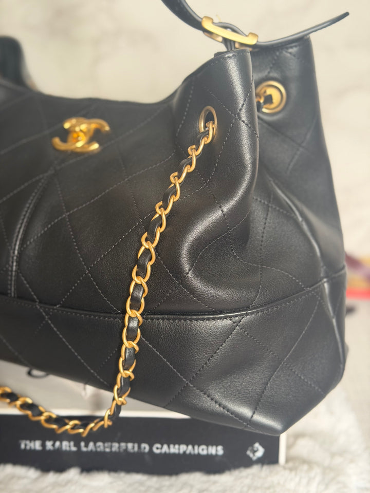 CHANEL 25A Black Calf Skin aged GHW Hobo Shopping Bag size Small 2025