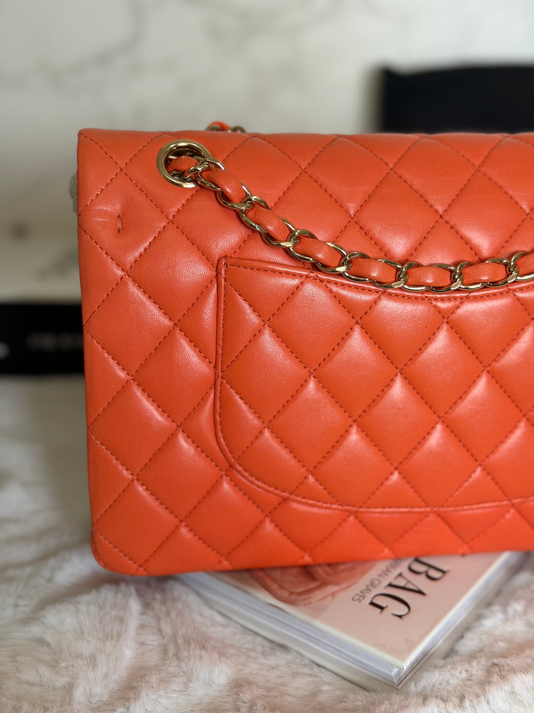 CHANEL 20S Orange Lambskin LGHW Medium ML Timeless Classic Double Flap Bag