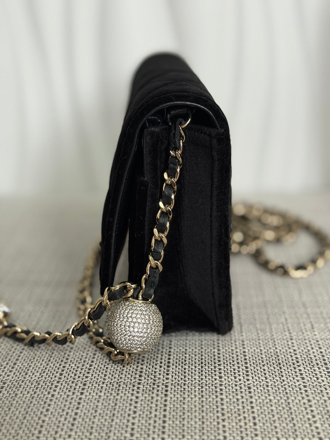 CHANEL 2025 Black Velvet Crystal Pearl Crush Adjustable Strap Wallet on Chain (WOC)