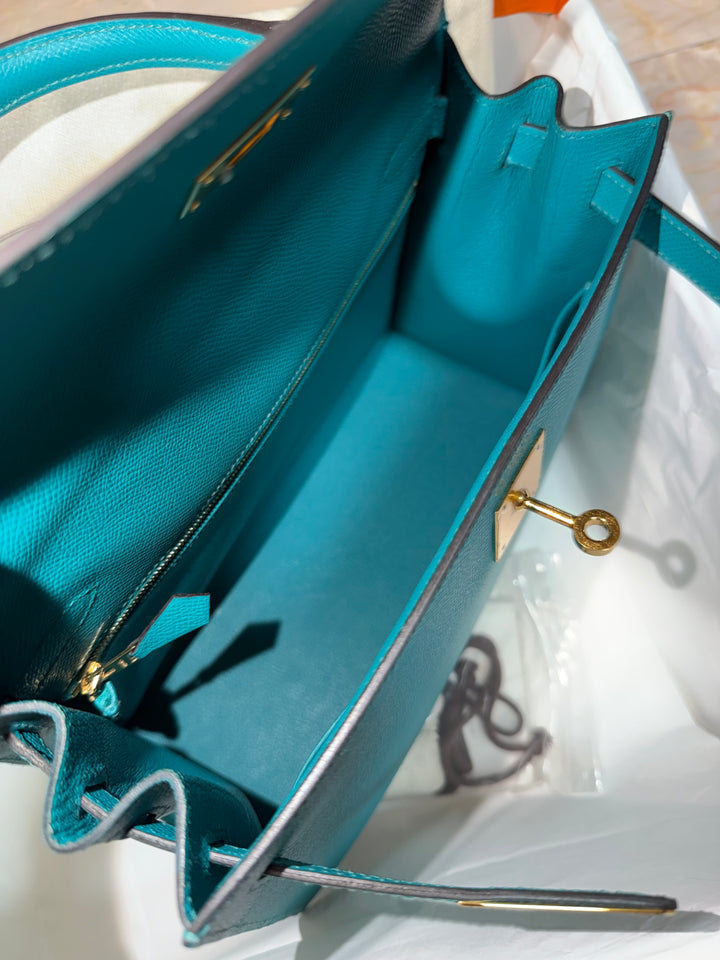 Hermes Kelly 28 Sellier Epsom Leather SO Bleu Paon GHW Stamp D 2019