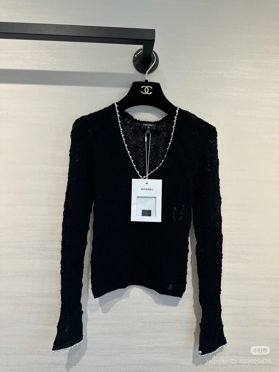 CHANEL 22B Pearl Round the Neck Black Lace Top 2022 size EU 34