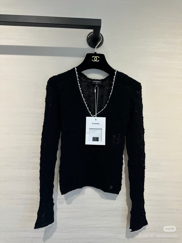 CHANEL 22B Pearl Round the Neck Black Lace Top 2022 size EU 34