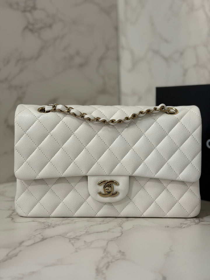 CHANEL 2023 White Caviar LGHW Medium ML Timeless Classic Double Flap Bag