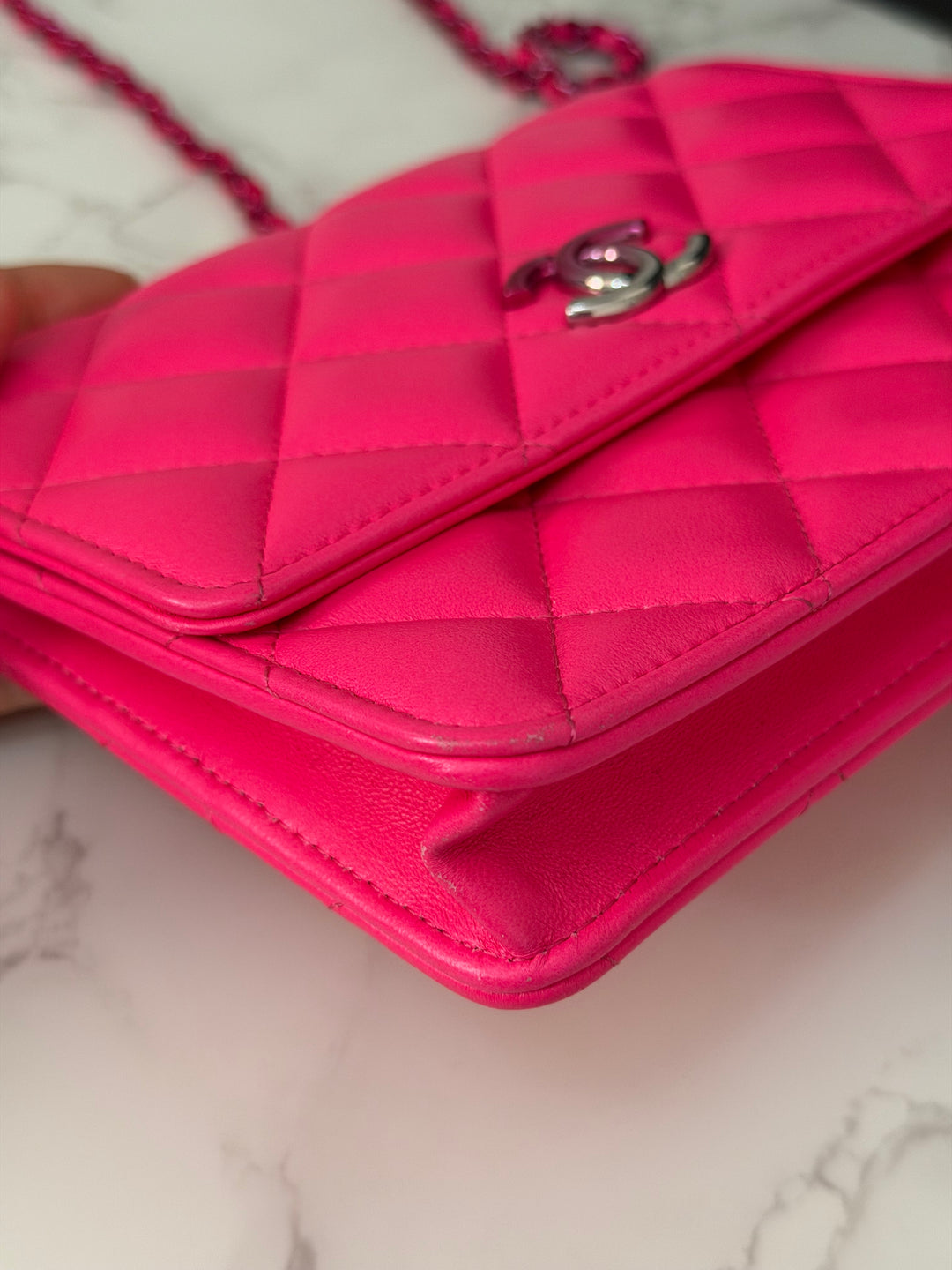 CHANEL 24C 2023/2024 Bright Hot Pink Ombré Hardware Square Wallet on Chain (WOC)