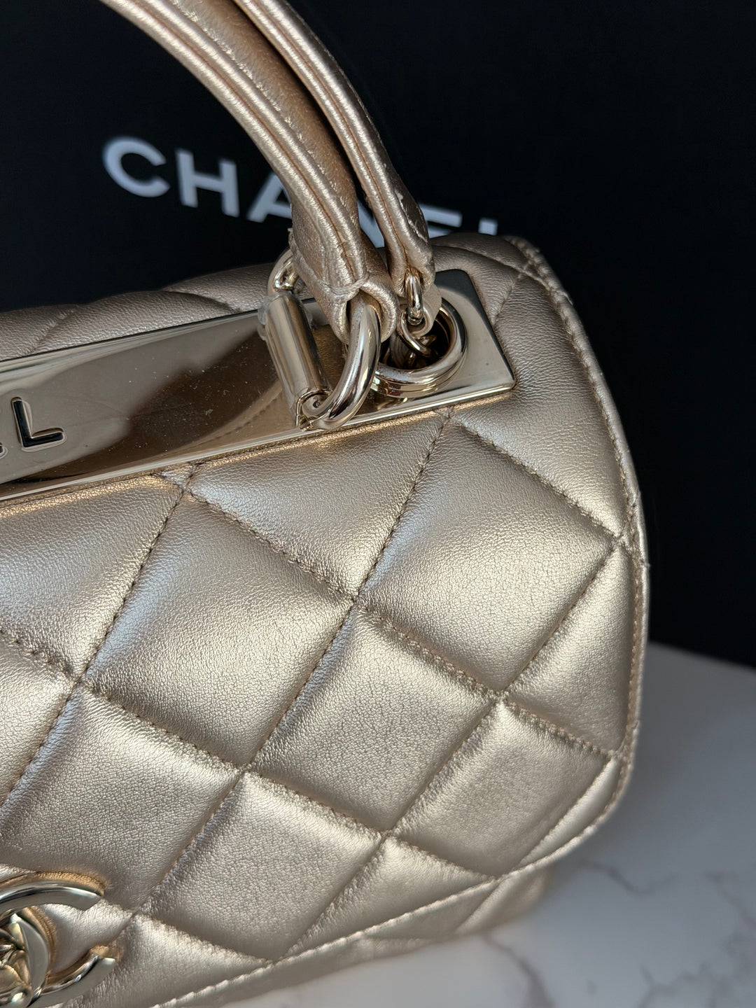 CHANEL series 30 Metallic Gold Lambskin LGHW Trendy CC top Handle Bag with non detachable Strap size SMALL 2020