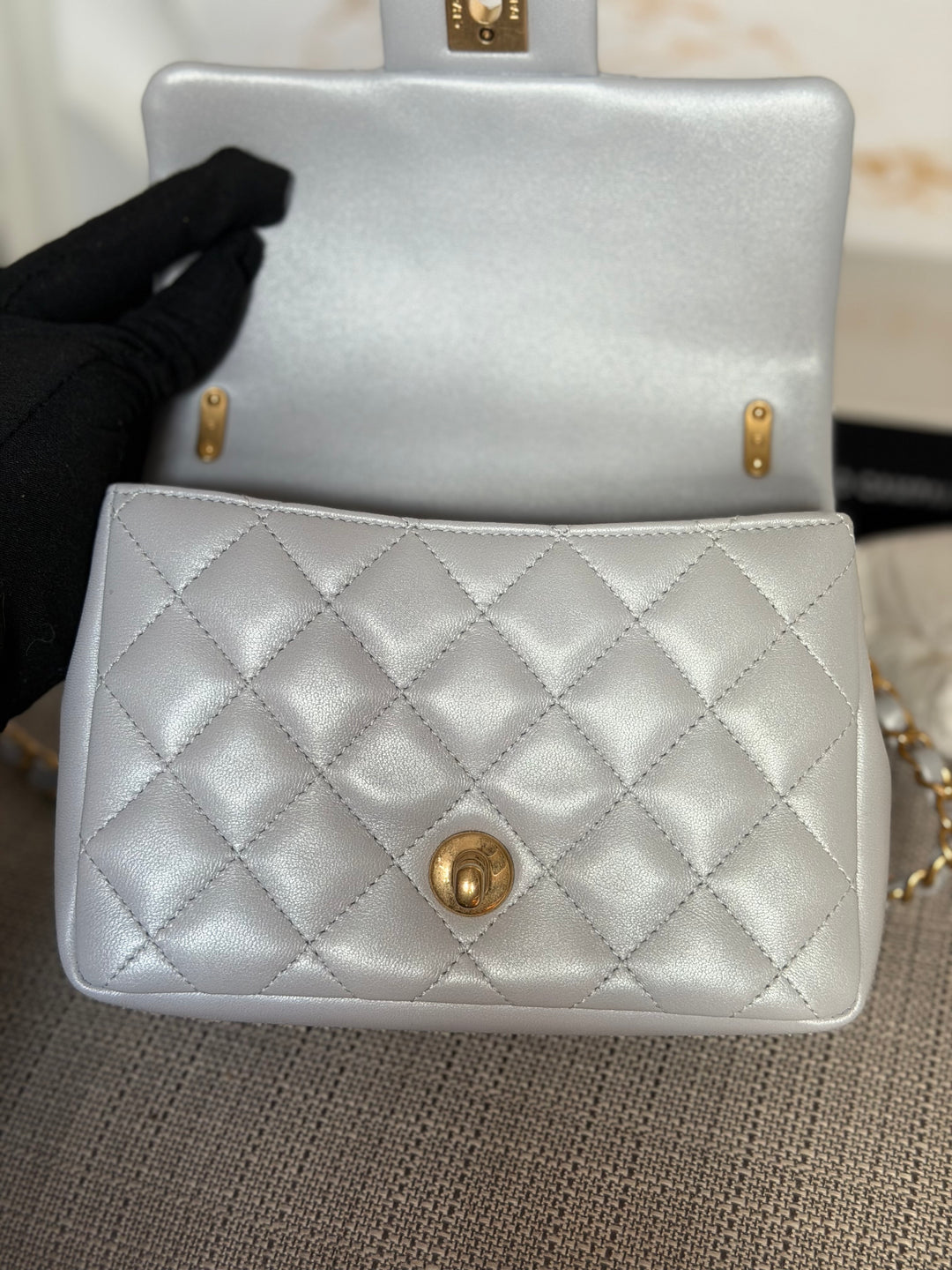CHANEL Pearl Twist Pearly Light Blue Lambskin Mini Flap Bag 2023
