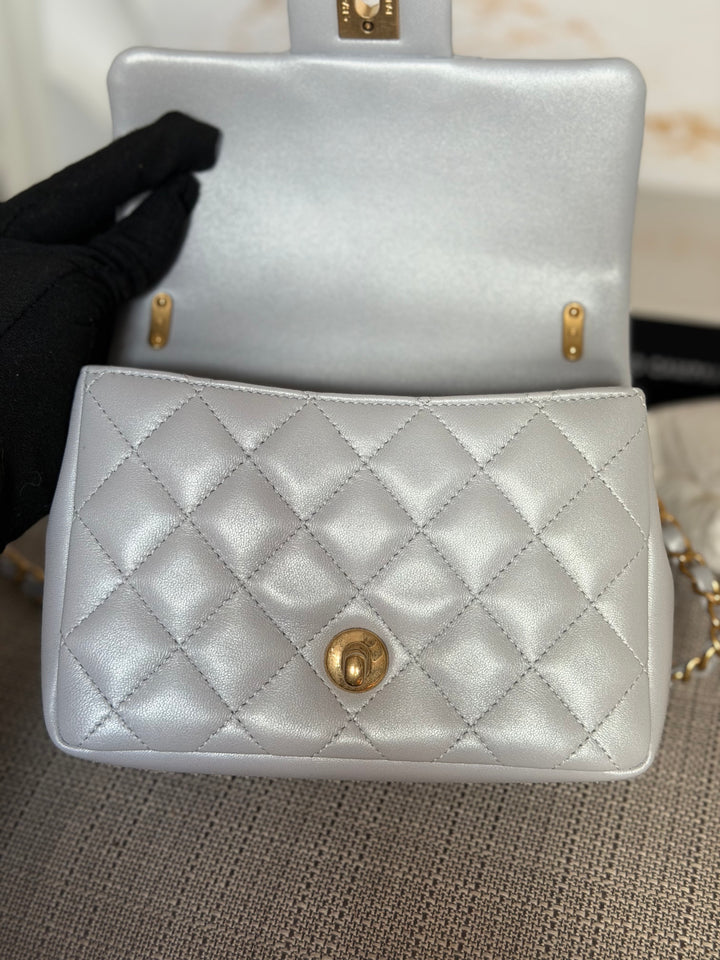 CHANEL Pearl Twist Pearly Light Blue Lambskin Mini Flap Bag 2023