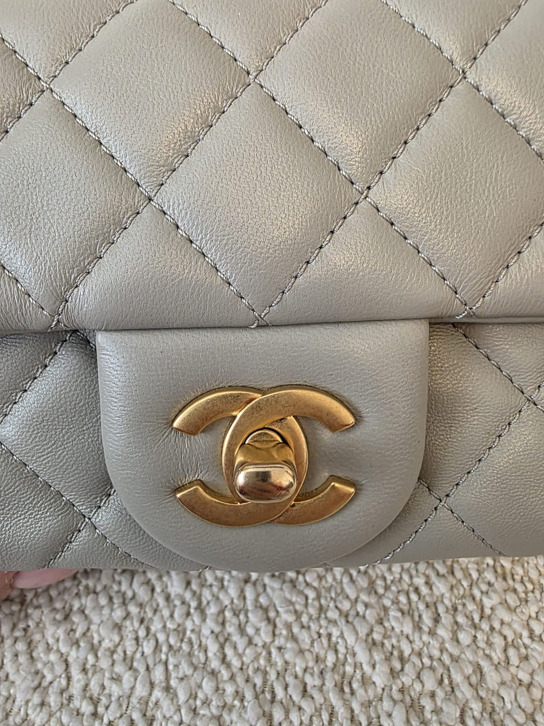 CHANEL Grey Lambskin Adjustable Chain Pearl Crush Mini Rectangular Flap Bag with Aged GHW