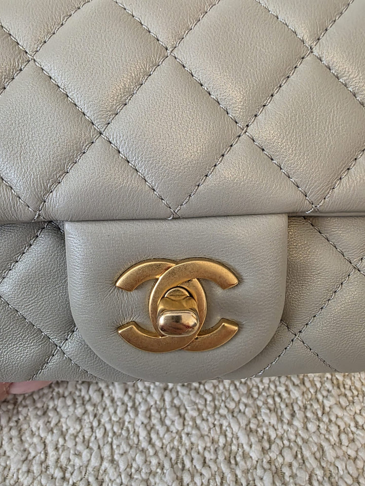 CHANEL Grey Lambskin Adjustable Chain Pearl Crush Mini Rectangular Flap Bag with Aged GHW