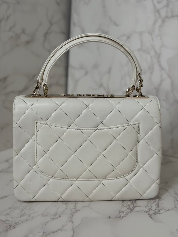 CHANEL 23S collection 2023 White Lambskin LGHW Trendy CC Flap Bag size Small with raised CHANEL Engraved Plate Top Handle