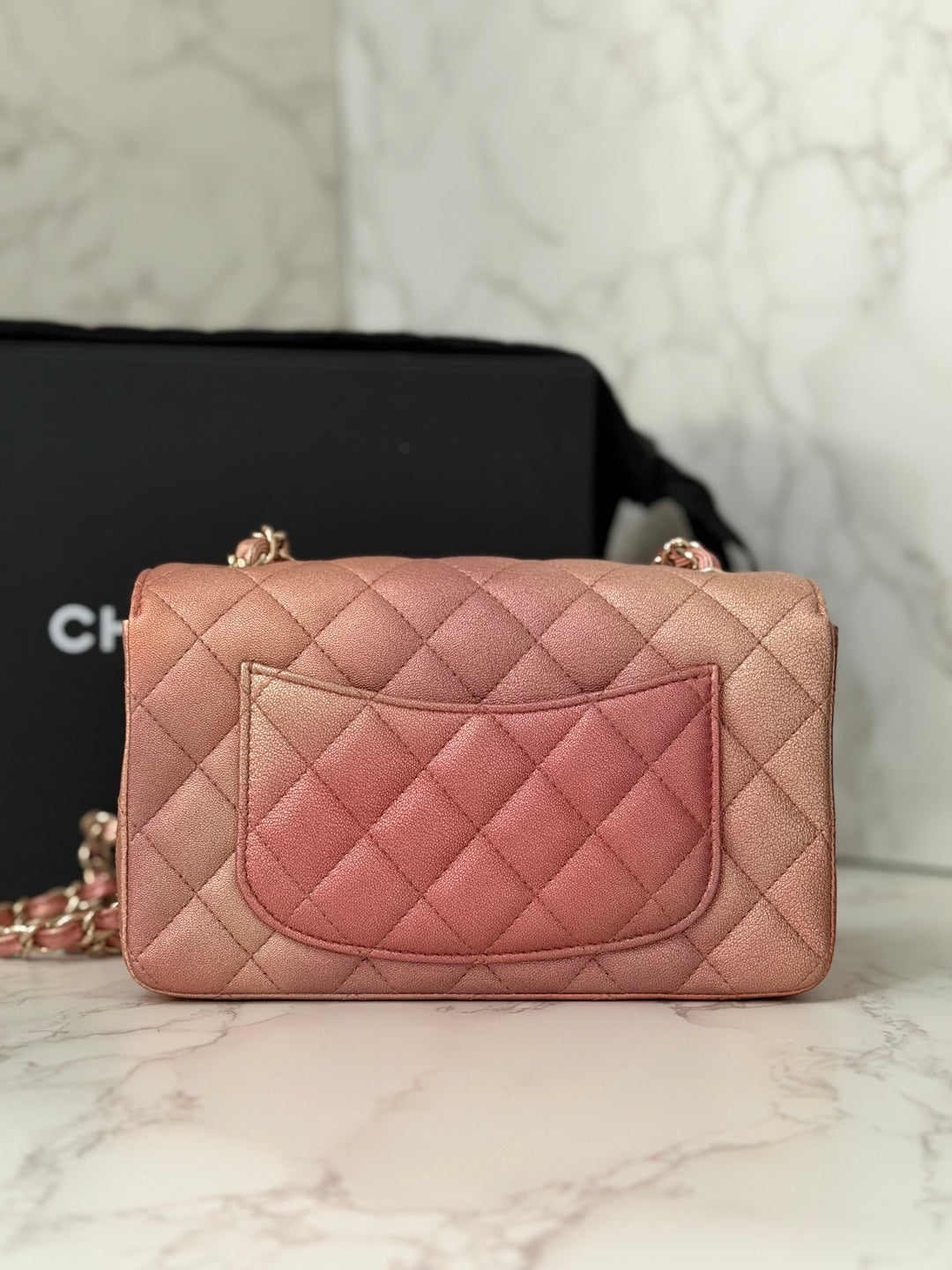 CHANEL 21S Ombré Rose Gold Metallic Copper Lambskin LGHW Mini Rectangular Flap Bag 2021