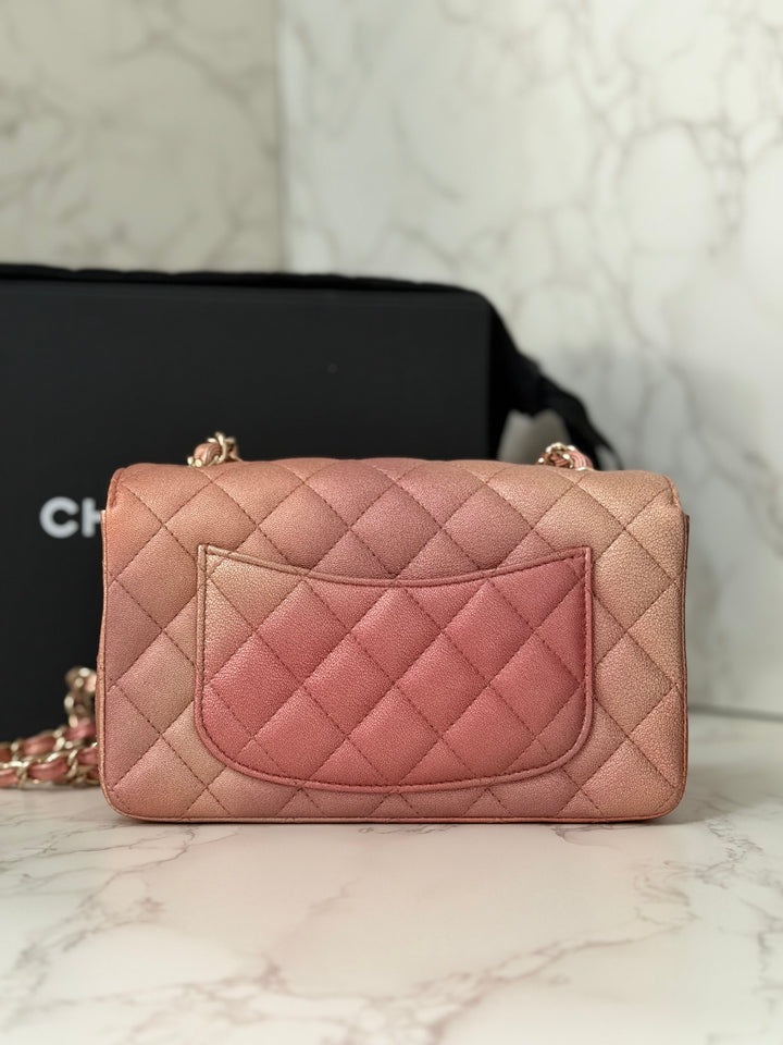 CHANEL 21S Ombré Rose Gold Metallic Copper Lambskin LGHW Mini Rectangular Flap Bag 2021
