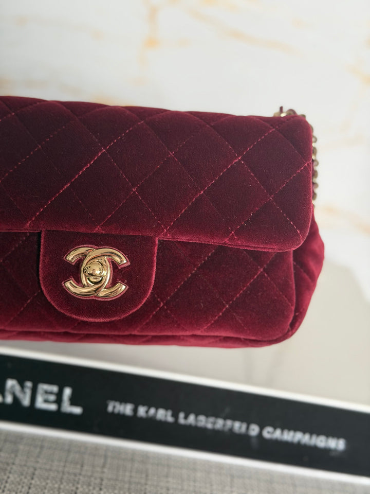 CHANEL series 31 Burgundy Dark Red Velvet Crystal Pearl Crush Adjustable Strap Mini Rectangular Flap Bag 2020/2021