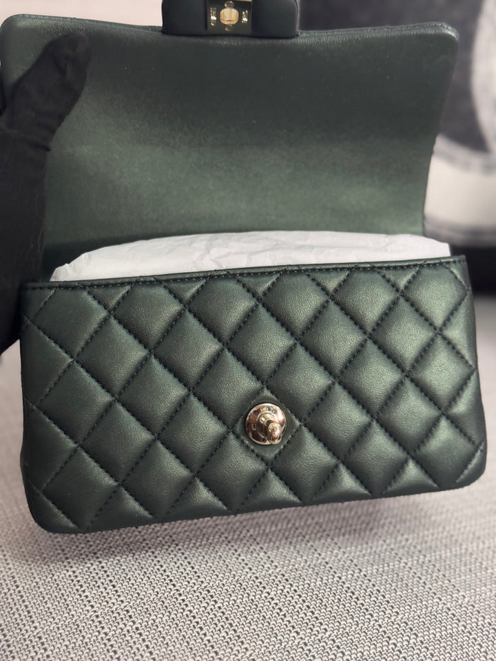 Chanel Iridescent Dark Green Lambskin Mini Rectangular Flap Bag with Top Handle and Champagne GHW