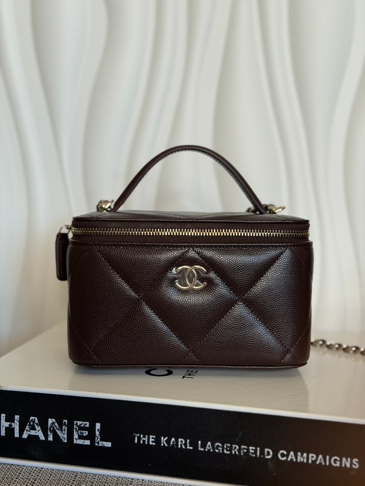 CHANEL 26S Dark Brown Caviar LGHW Small Vanity Case with Top Handle