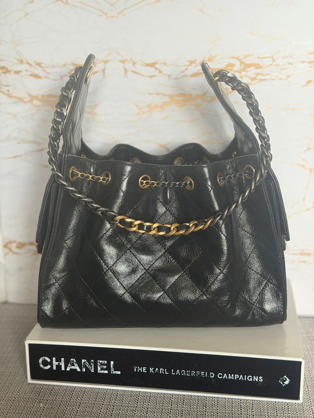 CHANEL Black Shiny Calf Skin Mixed Hardware 25 Hobo Bag size SMALL 2025/2026