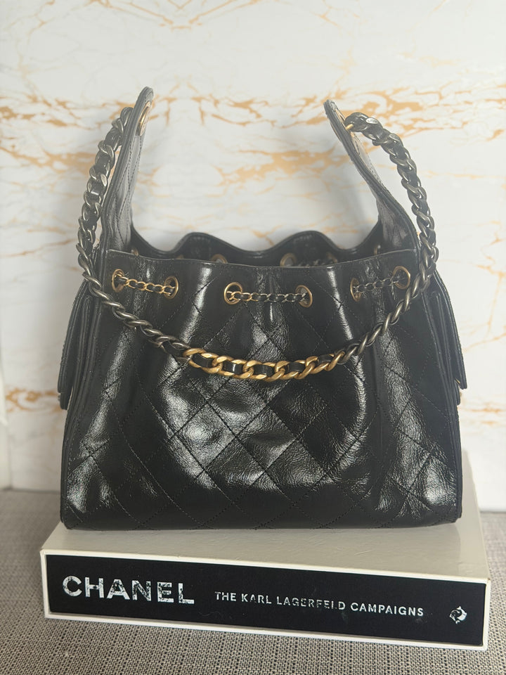 CHANEL Black Shiny Calf Skin Mixed Hardware 25 Hobo Bag size SMALL 2025/2026