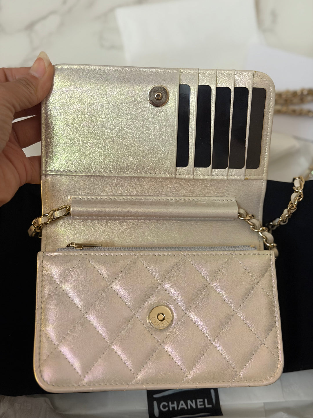 CHANEL series 31 20B Ivory Calf Skin LGHW Mini Wallet on Chain (WOC) 6 inches