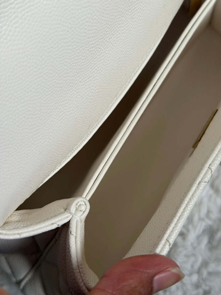 CHANEL White Caviar LGHW Coco Handle Flap Bag Size SMALL with detachable Strap Microchipped