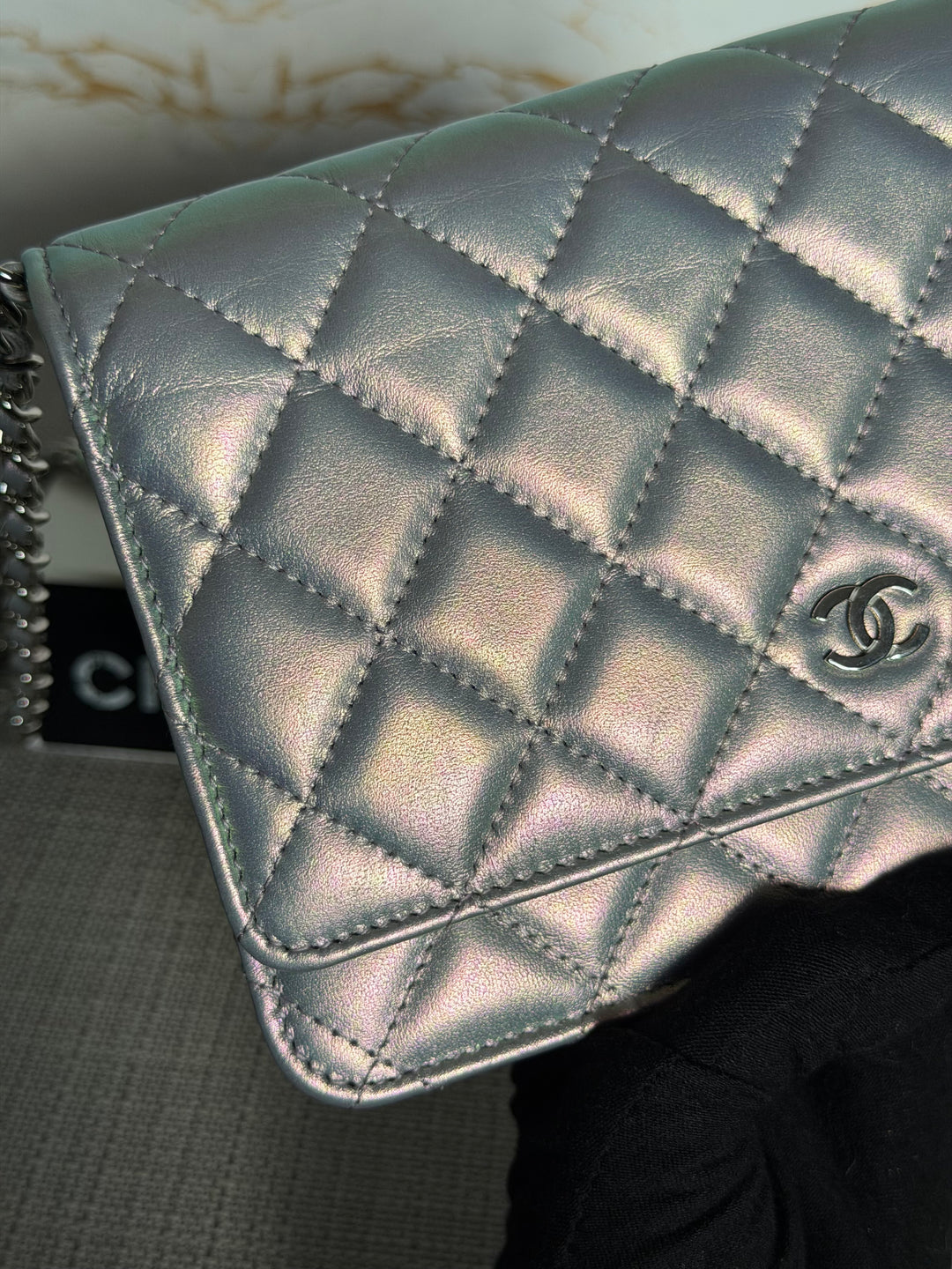CHANEL Silver Lambskin SHW Classic Wallet on Chain (WOC) 2022