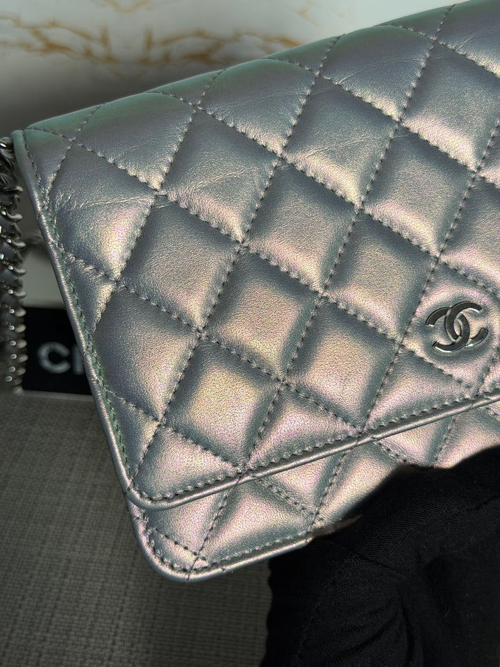 CHANEL Silver Lambskin SHW Classic Wallet on Chain (WOC) 2022