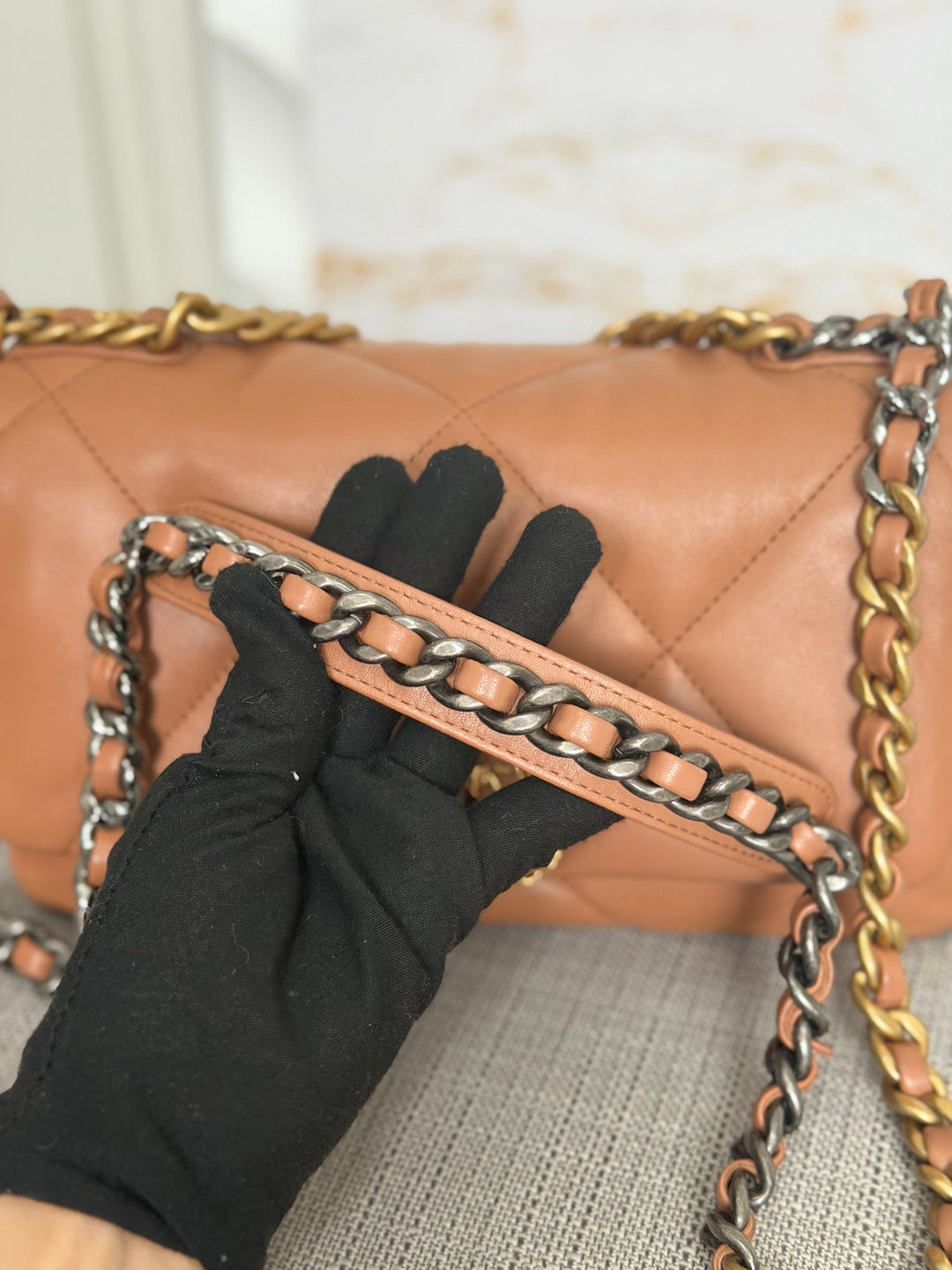 CHANEL Caramel Brown Lambskin Mixed Hardware 19 Flap Bag size SMALL 2022