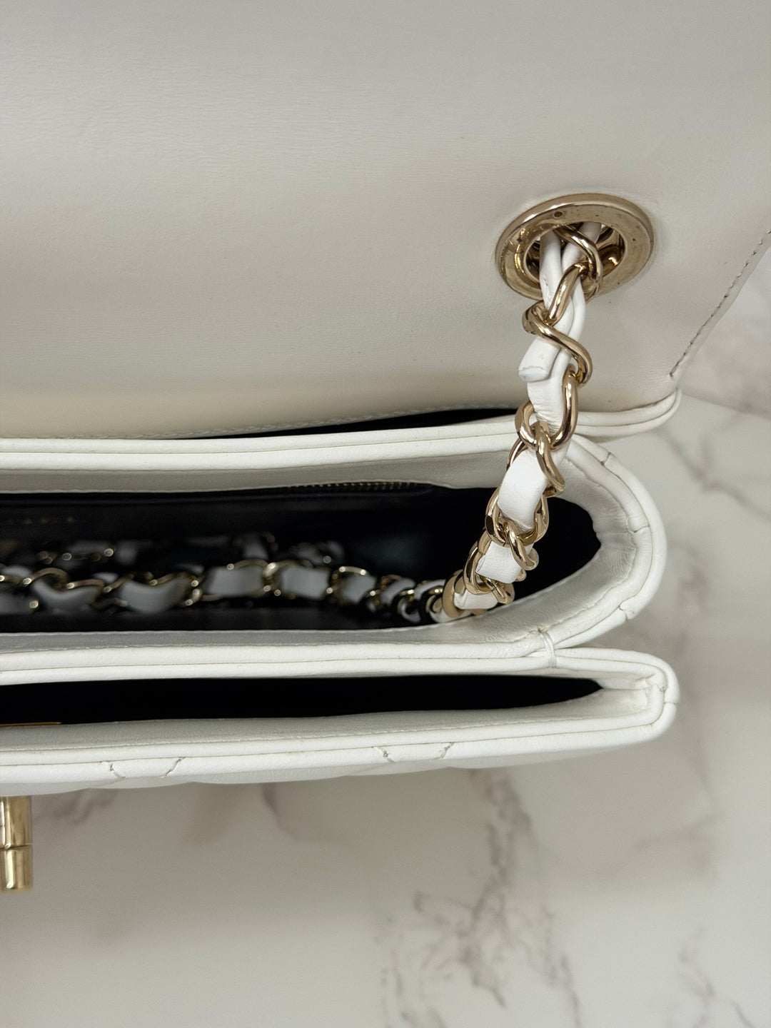 CHANEL 23S collection 2023 White Lambskin LGHW Trendy CC Flap Bag size Small with raised CHANEL Engraved Plate Top Handle