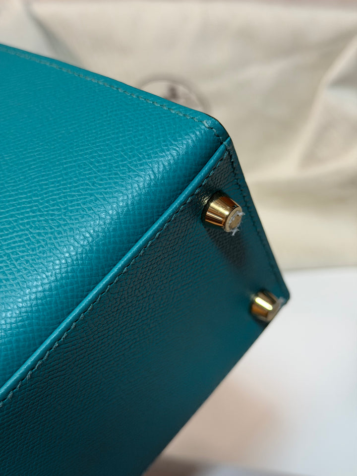 Hermes Kelly 28 Sellier Epsom Leather SO Bleu Paon GHW Stamp D 2019