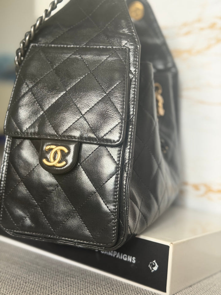 CHANEL Black Shiny Calf Skin Mixed Hardware 25 Hobo Bag size SMALL 2025/2026