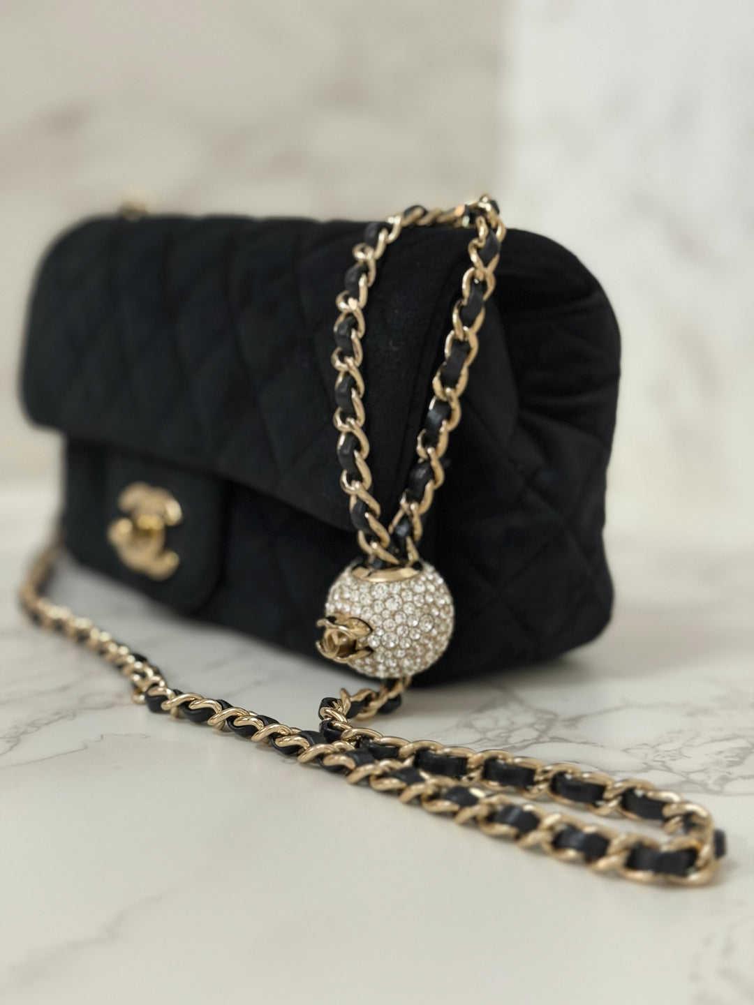 CHANEL series 30 20K collection 2020 Black Velvet Crystal Pearl Crush Adjustable Strap LGHW Mini Rectangular Flap Bag