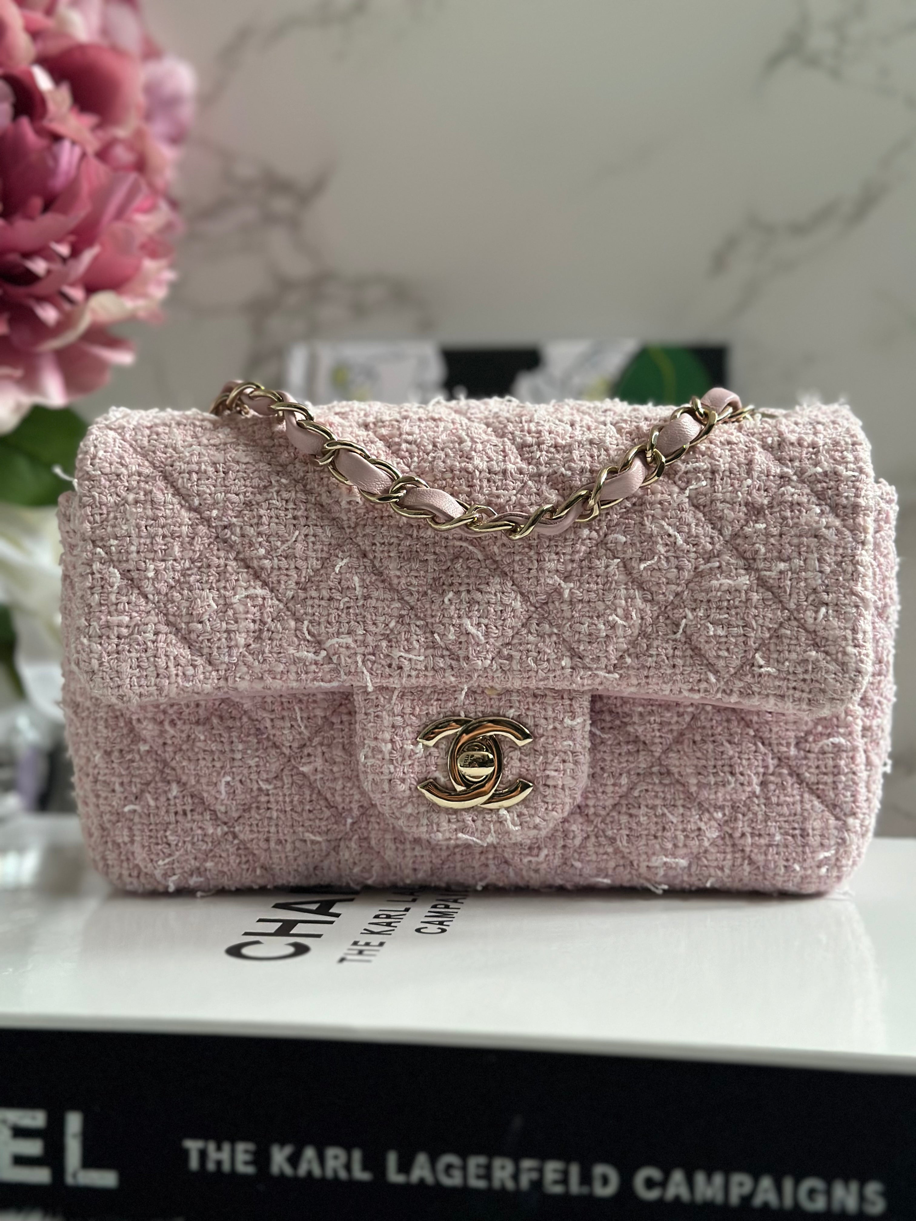 Chanel 21S Light Pink Tweed Mini Rectangular Flap Bag With LGHW