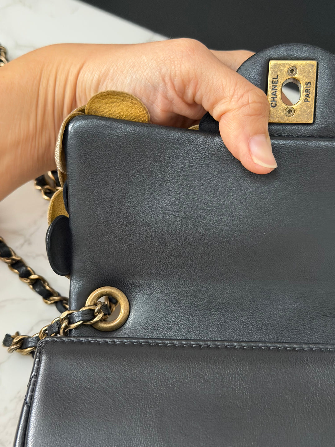 CHANEL series 21 Black Metallic Gold Camellia Flower Lambskin Mini Rectangular Flap Bag with Vintage GHW