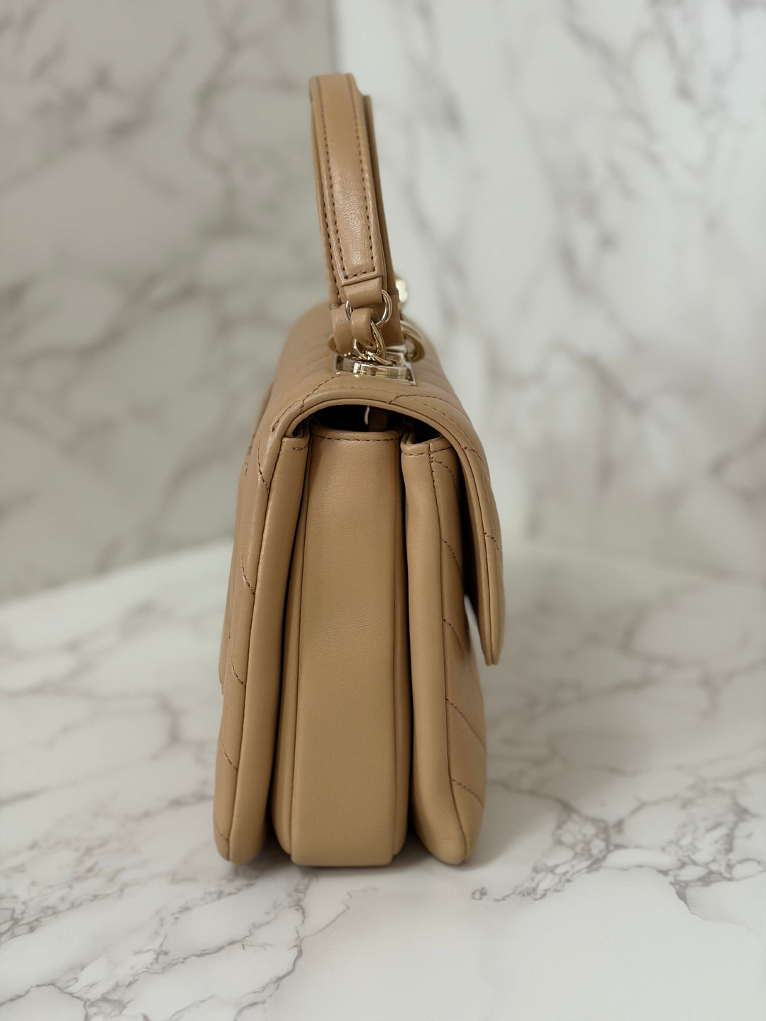 CHANEL series 27 2018 Dark Beige Lambskin LGHW Trendy CC Flap Bag size Small with Top Handle and detachable strap