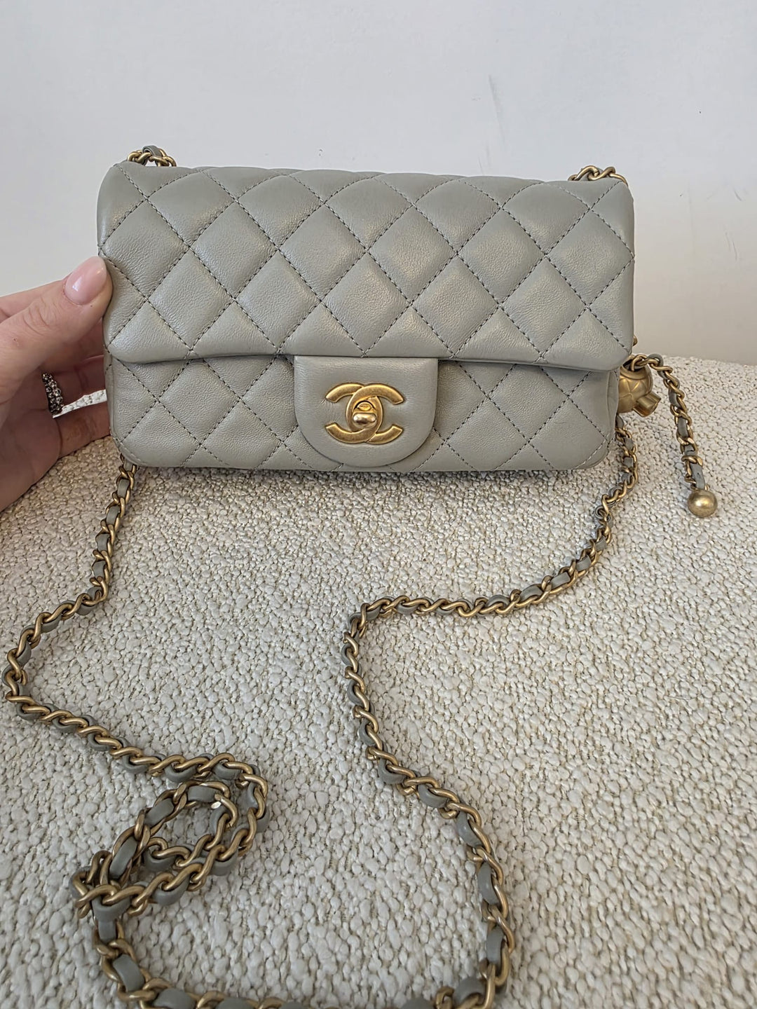 CHANEL Grey Lambskin Adjustable Chain Pearl Crush Mini Rectangular Flap Bag with Aged GHW