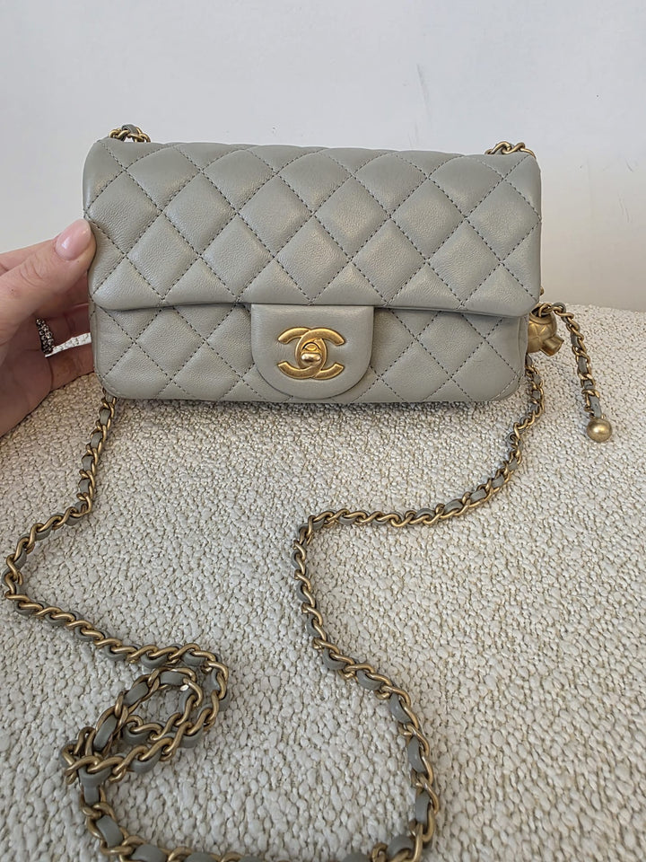 CHANEL Grey Lambskin Adjustable Chain Pearl Crush Mini Rectangular Flap Bag with Aged GHW