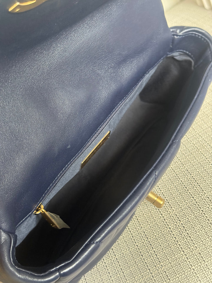 CHANEL 19 Size SMALL 26 cms series 31 Navy Lambskin Mixed Hardware Flap Bag with top handle