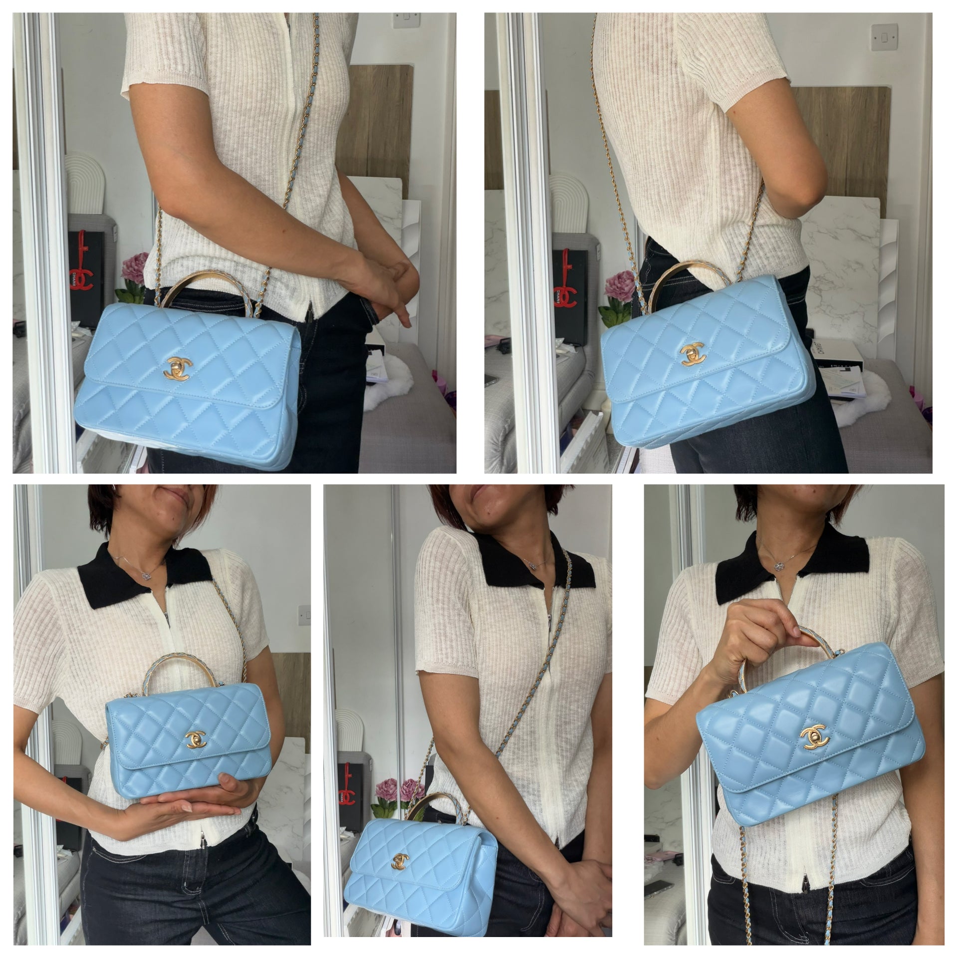 CHANEL 23A Light Blue Lambskin Aged GHW Top Handle Seasonal Mini