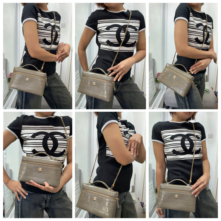 CHANEL 26A Etoupe Khaki Croc Embossed Calf skin LGHW LP Long Vanity size Medium 23 cms with detachable chain 2026